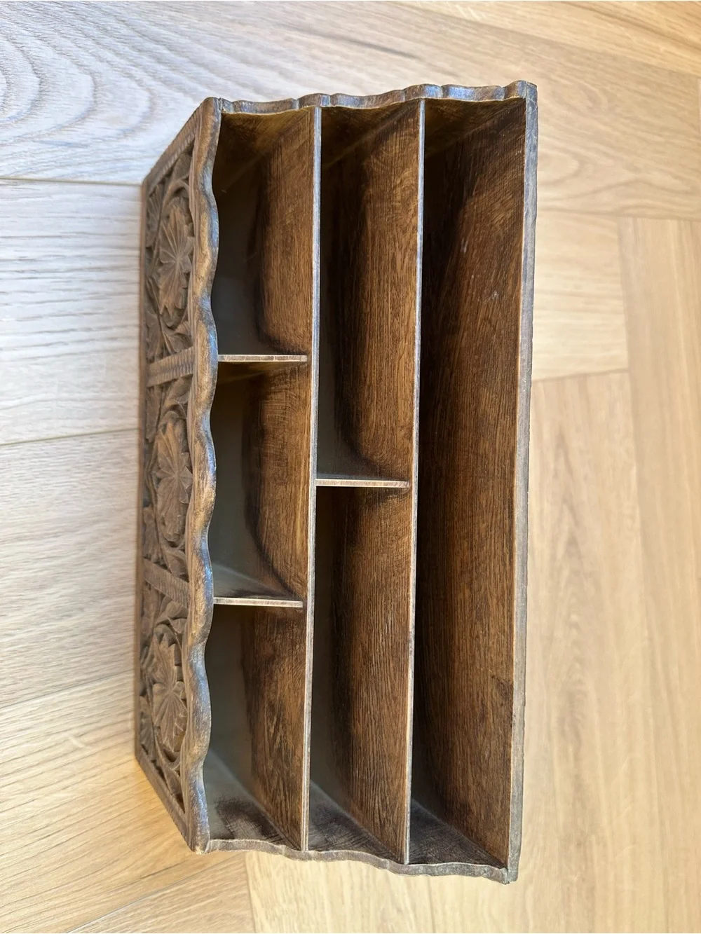 Carved Wooden Desk Organizer - Brown